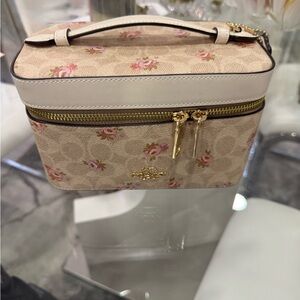 Coach Beige Floral Cosmetic Vanity Case with Pink Rose Accents